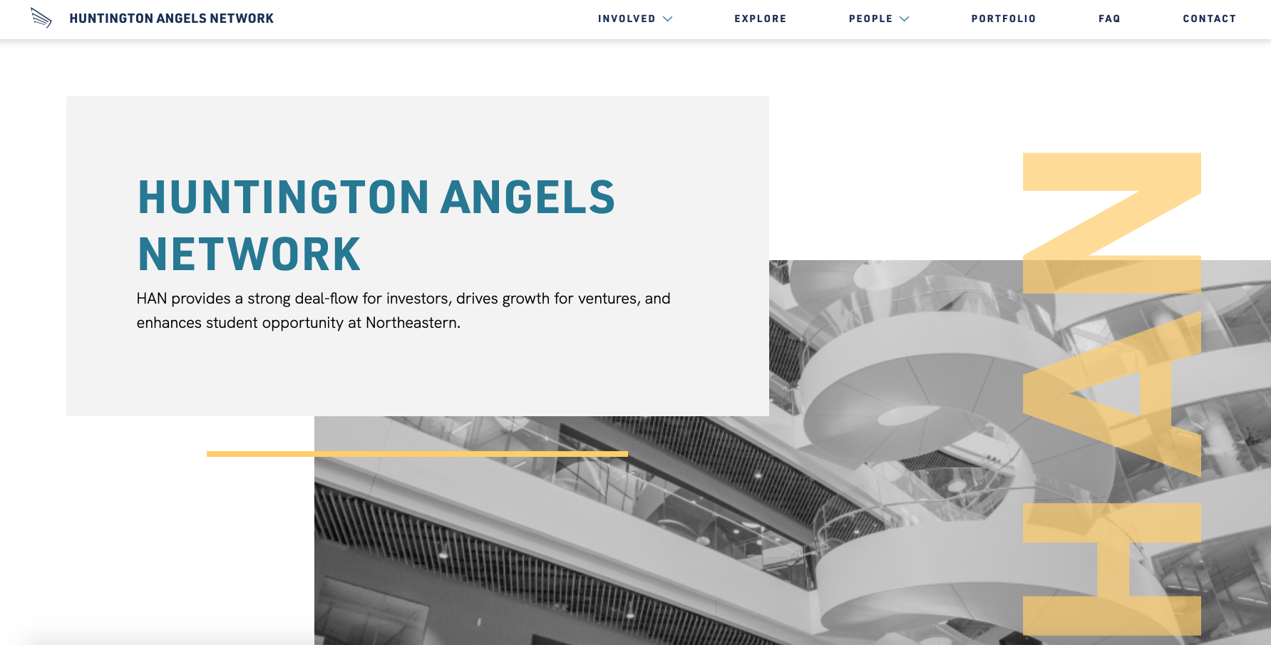 a screenshot of the Huntington Angels Network website, with the organization name in blue letters over a gray block, overlaid on a black and white photo of a spiral staircase. The acronym HAN is overlaid in translucent yellow text over the photo.